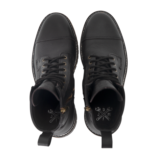 Top-down view of black John Doe Rover motorcycle boots showing branded insoles and laces