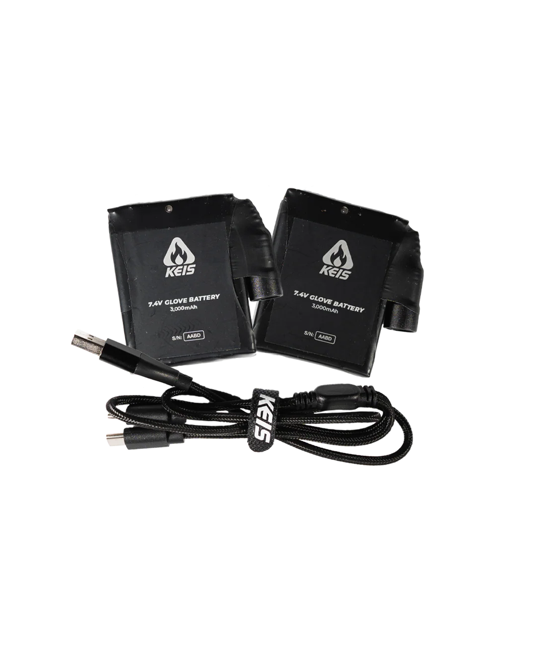 Pair of KEIS 7.4V inner glove batteries with USB-C charging cable and adaptors