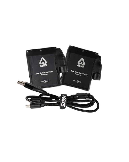 Pair of KEIS 7.4V inner glove batteries with USB-C charging cable and adaptors