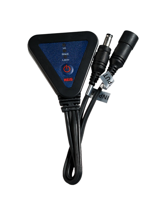 Front view of KEIS Bluetooth Power Controller with Hi, Med, and Low heat settings