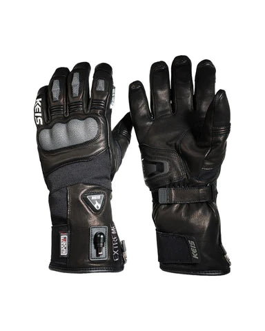 Keis G901 Extreme Heated Gloves front and rear view showing full leather design, heating connector, and reinforced knuckle protection.