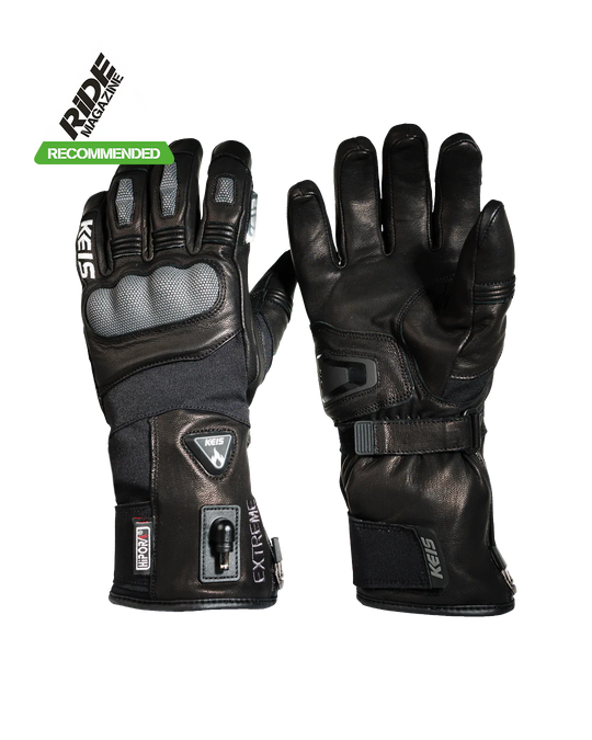 Keis G901 Extreme Heated Gloves front and back view showing full leather construction and heating connector.