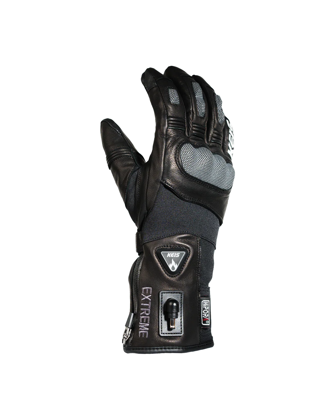Left-hand view of Keis G901 Extreme Heated Glove showing knuckle protection and extended cuff.