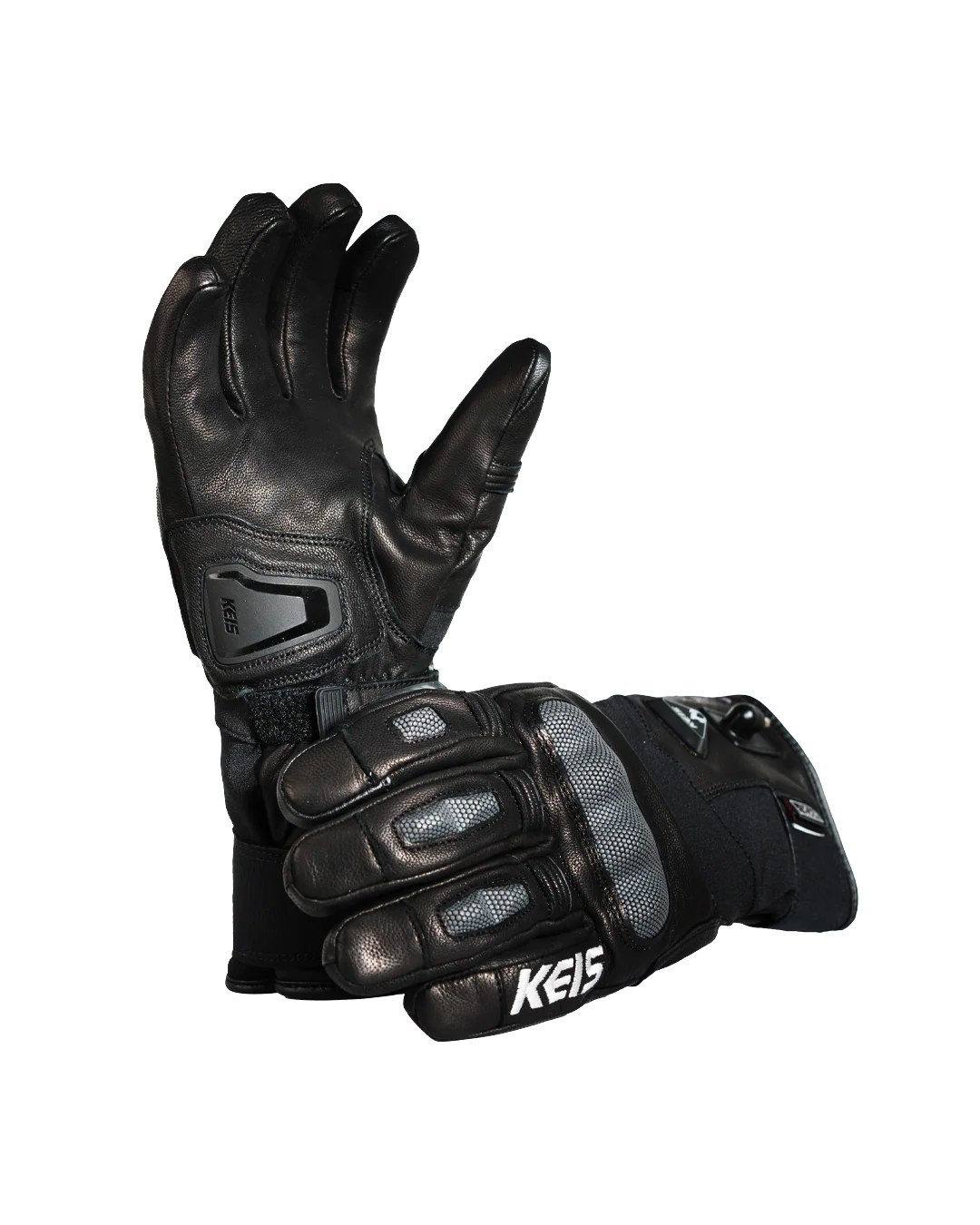 Keis G901 Extreme Heated Gloves displayed together highlighting knuckle armour and leather palm protection.