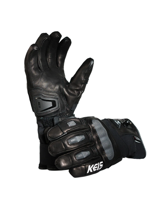Keis G901 Extreme Heated Gloves displayed together highlighting knuckle armour and leather palm protection.