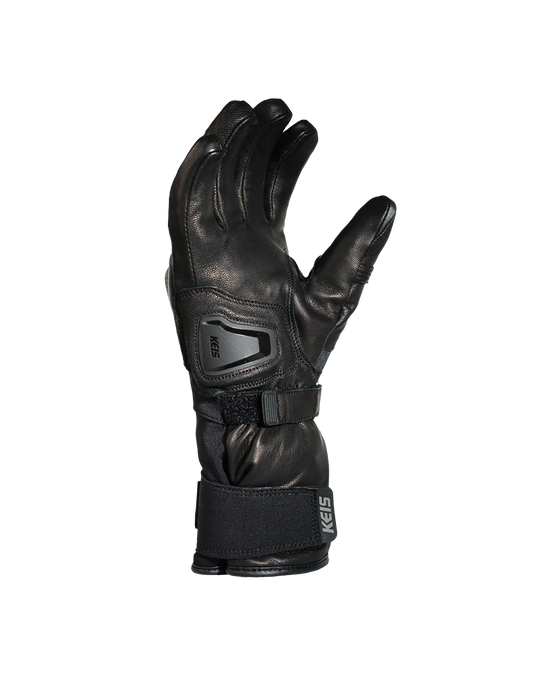 Side profile of Keis G901 Extreme Heated Glove with leather palm and wrist strap detail.