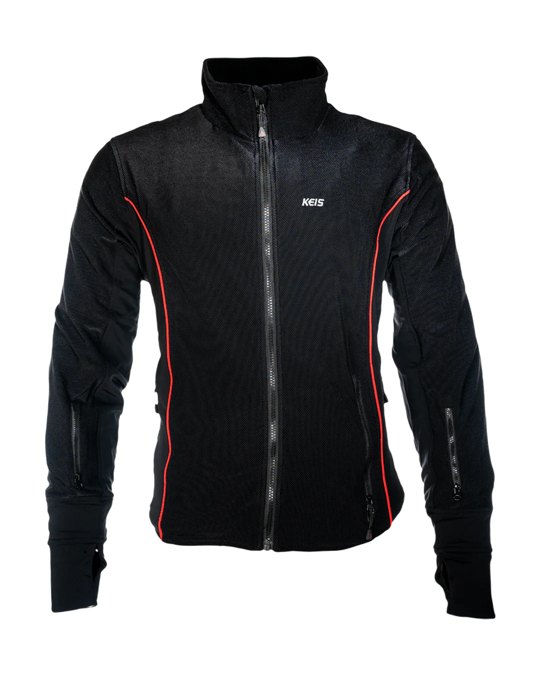 Front view of the KEIS J601 Ultraflex Heated Jacket showing red piping and zip fastening