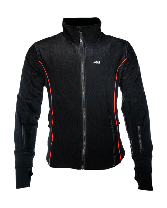 Front view of the KEIS J601 Ultraflex Heated Jacket showing red piping and zip fastening