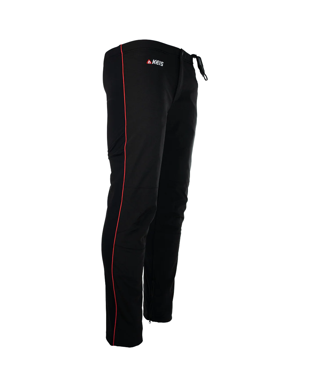 Side view of KEIS T103 Heated Motorcycle Trousers highlighting red seam detail and slim base layer design.