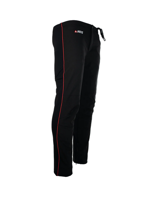 Side view of KEIS T103 Heated Motorcycle Trousers highlighting red seam detail and slim base layer design.