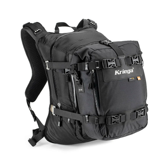Kriega Backpack R20 angled view in black  with full contents