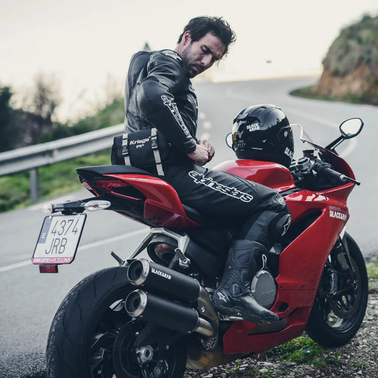 Kriega R3 Waistpack worn by rider on red sports motorcycle