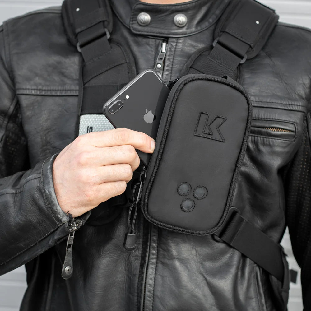Kriega Harness Pocket XL Right mounted on backpack strap with phone storage – Machinehead Moto