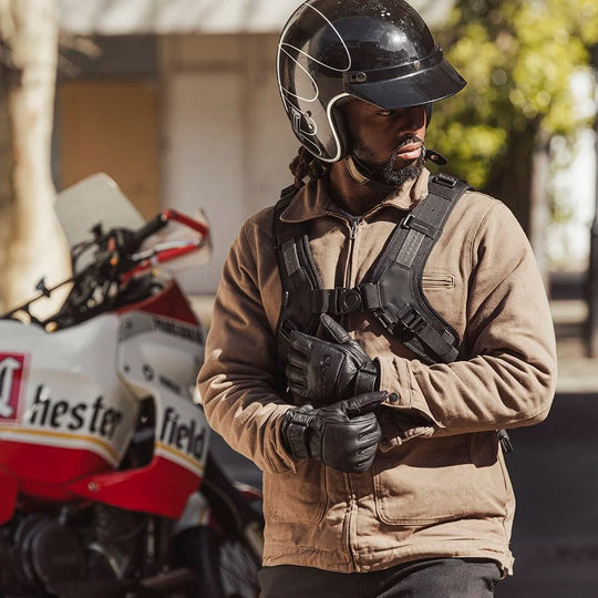 Rider wearing Kriega Backpack R20, showing strap closer front