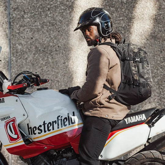 Rider wearing Kriega Backpack R20 on Tenere, Multicam Black variant