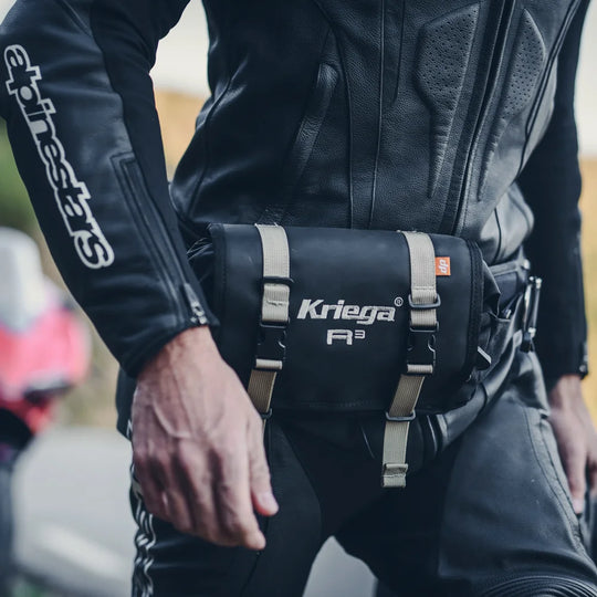 Kriega R3 Waistpack worn over motorcycle leathers front view
