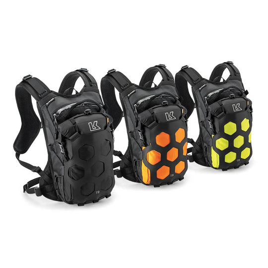 Kriega Trail 9 motorcycle backpacks black orange and hi vis yellow group