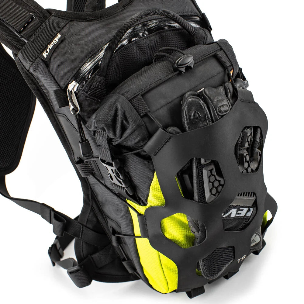 Kriega Trail 9 motorcycle backpack with external cargo net holding gear