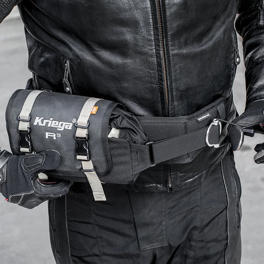 Kriega R3 Waistpack worn on rider with buckle fastening