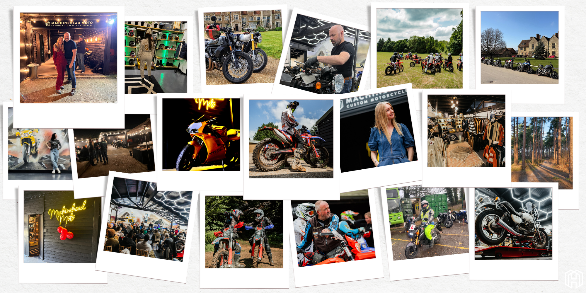 Photo montage of Machinehead Moto life — founders Nicky and Dave, motorcycle workshop, riding events, shop interior, trail riding at Loseley Estate, and off-road community moments.