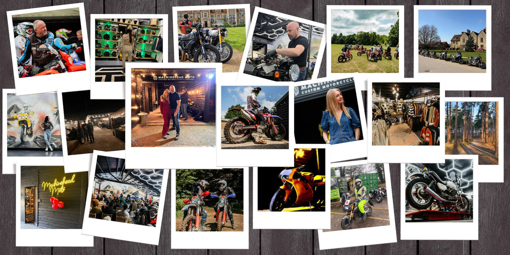 Montage of Machinehead Moto founders Dave and Nicky Raymond, workshop scenes, and ride-out events – showcasing the people and story behind the brand.