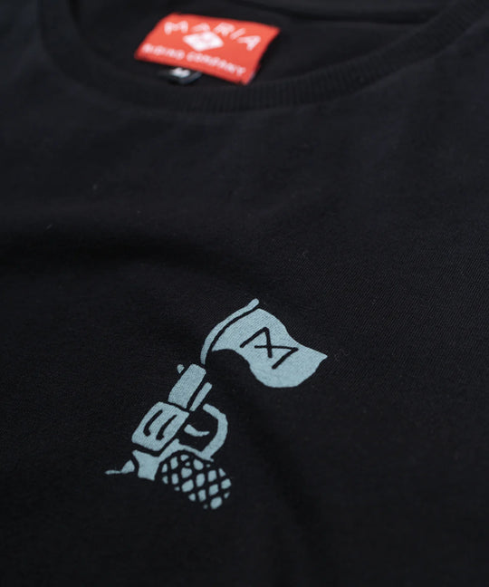 Black t-shirt with blue graphic design and red label on a black background