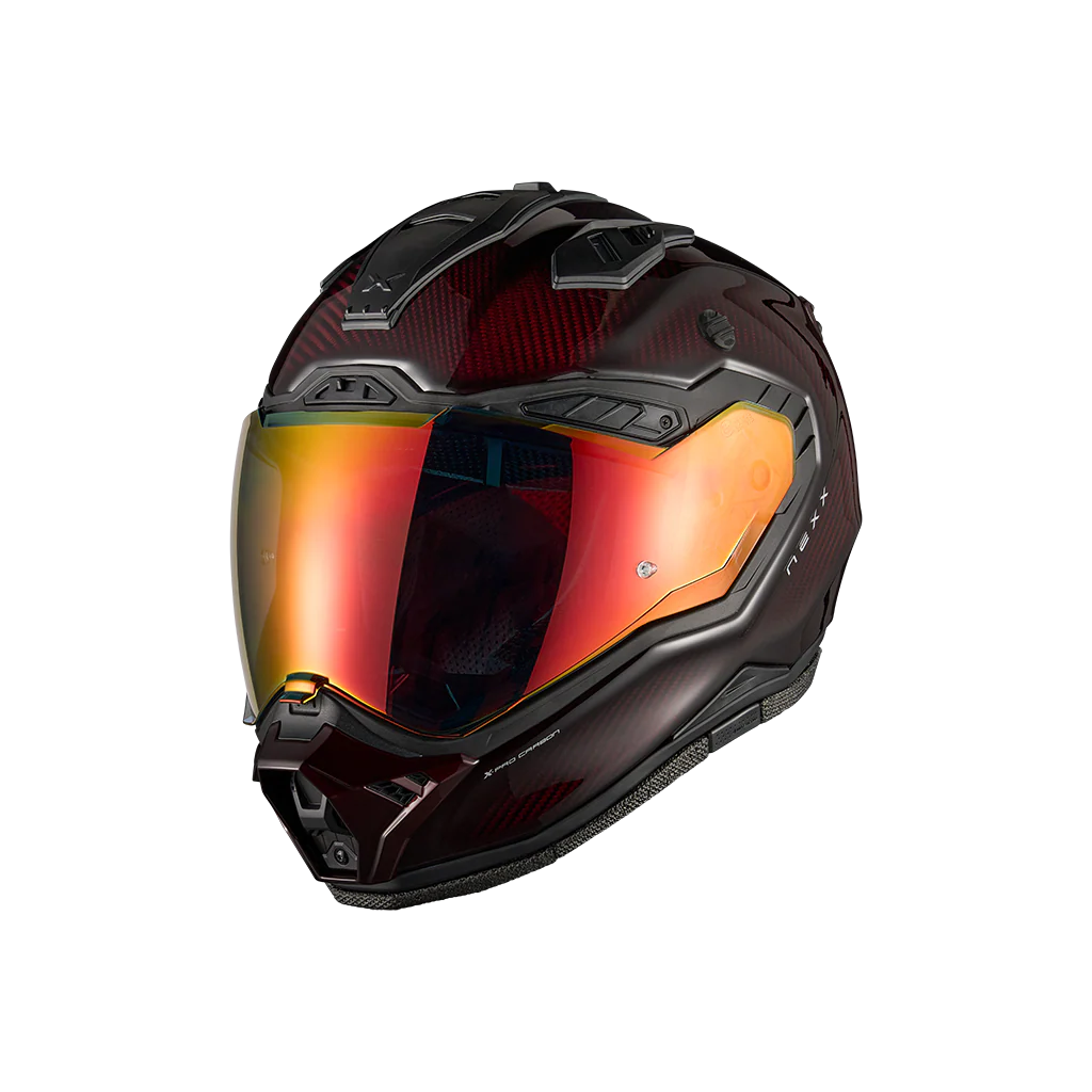 Nexx X.Rally Namib carbon adventure motorcycle helmet front three-quarter view with mirrored visor