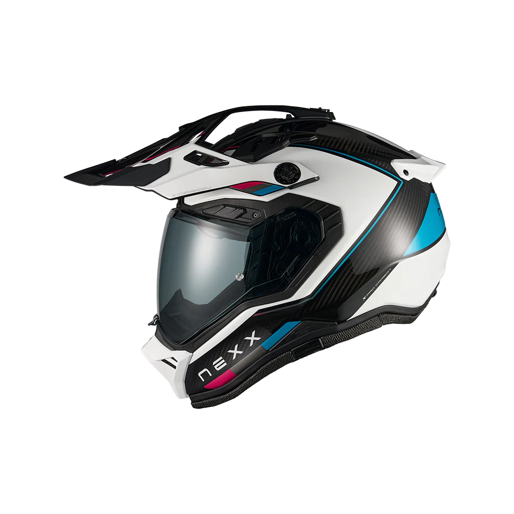 Nexx X.Rally Raid motorcycle helmet in blue and pink – side view