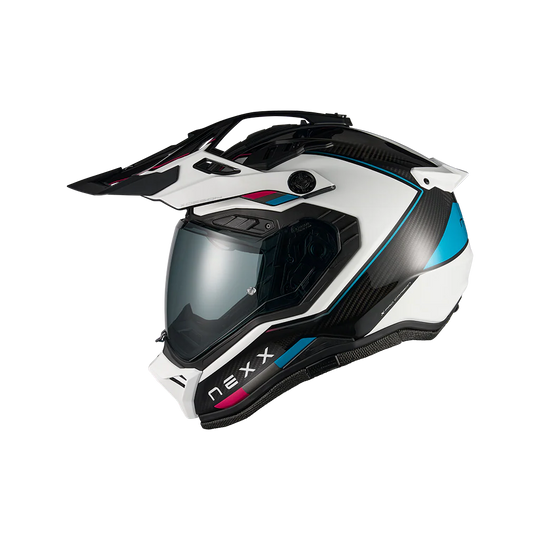 Nexx X.Rally Raid motorcycle helmet in blue and pink – side view