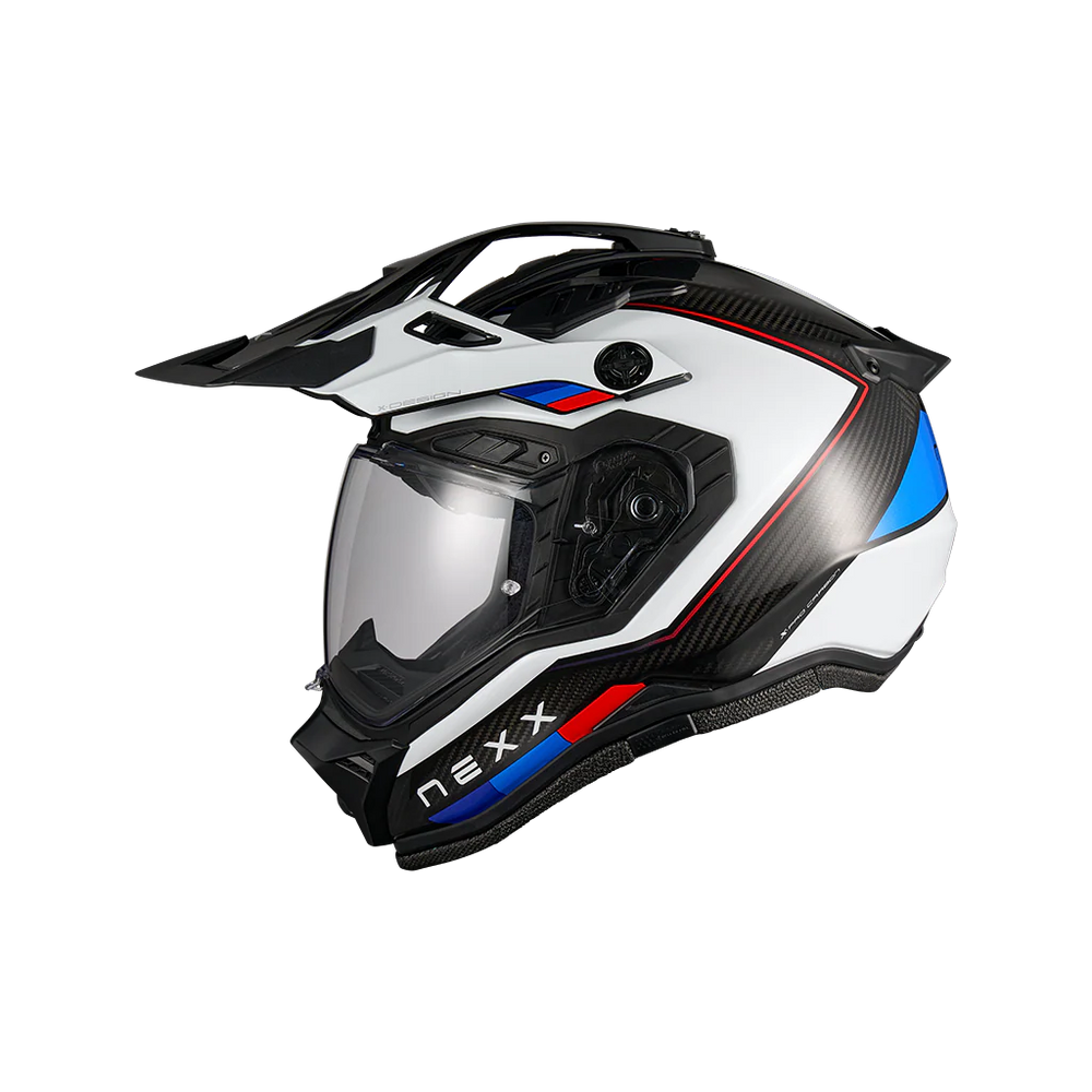 Nexx X.Rally Raid motorcycle helmet in blue and red – side view