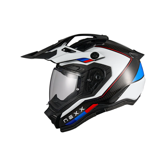 Nexx X.Rally Raid motorcycle helmet in blue and red – side view