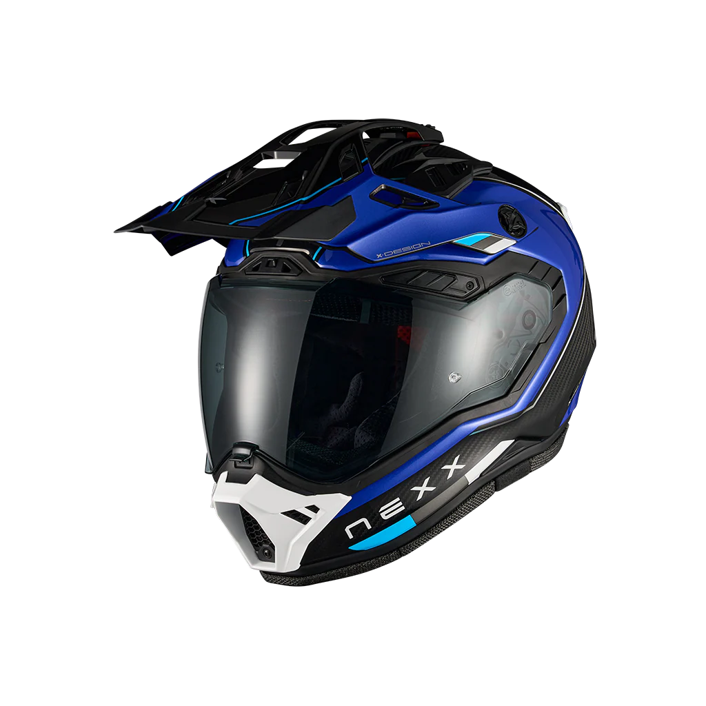 Nexx X.Rally Raid motorcycle helmet in blue and white – three quarter view