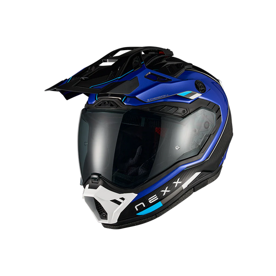 Nexx X.Rally Raid motorcycle helmet in blue and white – three quarter view