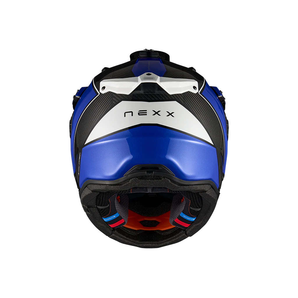 Nexx X.Rally Raid motorcycle helmet in blue and white – rear view