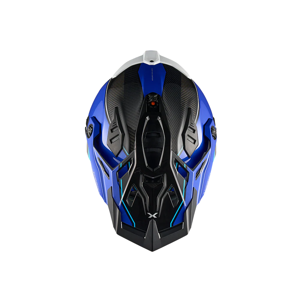 Nexx X.Rally Raid motorcycle helmet in blue and white – top view
