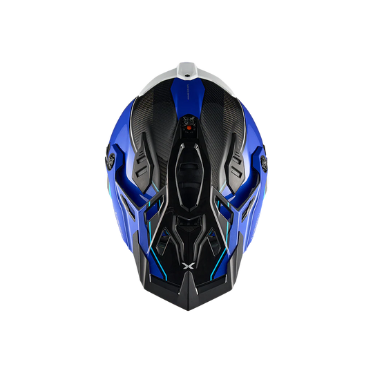 Nexx X.Rally Raid motorcycle helmet in blue and white – top view