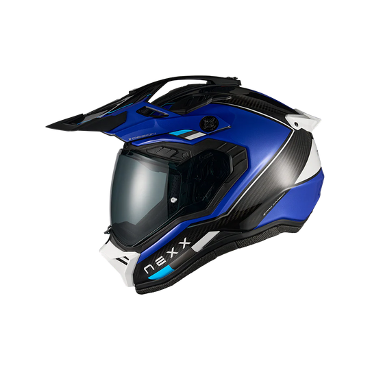 Nexx X.Rally Raid motorcycle helmet blue white side view with peak