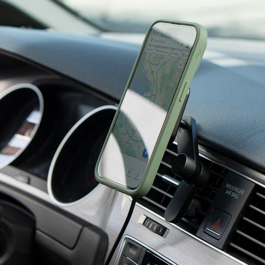 Peak Design car vent mount with charging head installed holding smartphone