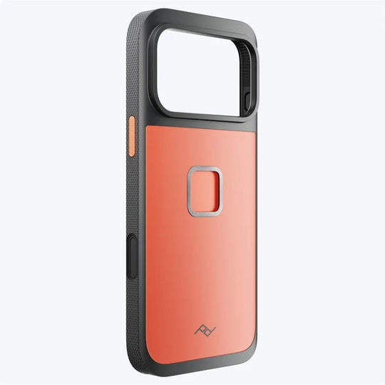 Angled rear view of the Peak Design GNAR Case for iPhone 17 – Ibis Orange