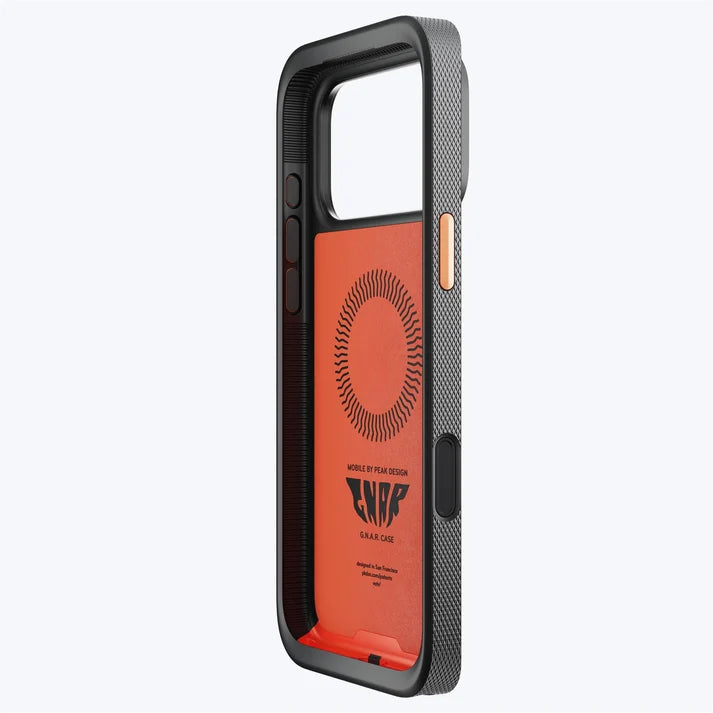 Angled interior view of the Peak Design GNAR Case for iPhone 17 – Ibis Orange