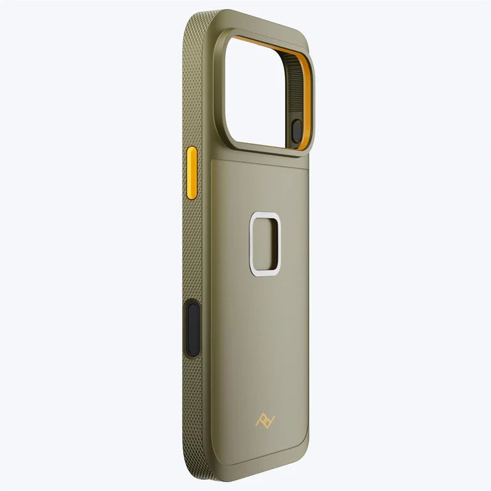 Angled rear view of the Peak Design GNAR Case for iPhone 17 – Kelp Green