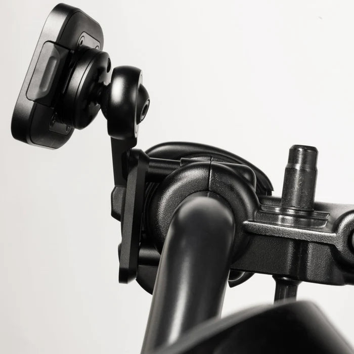 Peak Design motorcycle brake and clutch mount installed on handlebar, side view