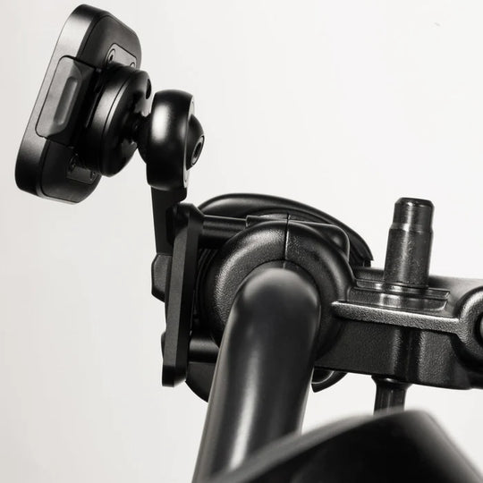 Peak Design motorcycle brake and clutch mount installed on handlebar, side view