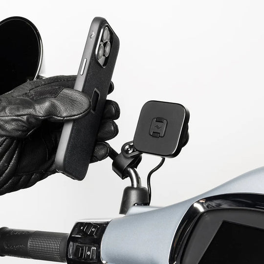 Peak Design motorcycle mirror mount charging version with phone being attached