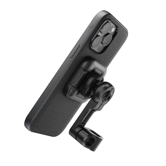 Peak Design motorcycle mirror mount clamp with phone attached, side view
