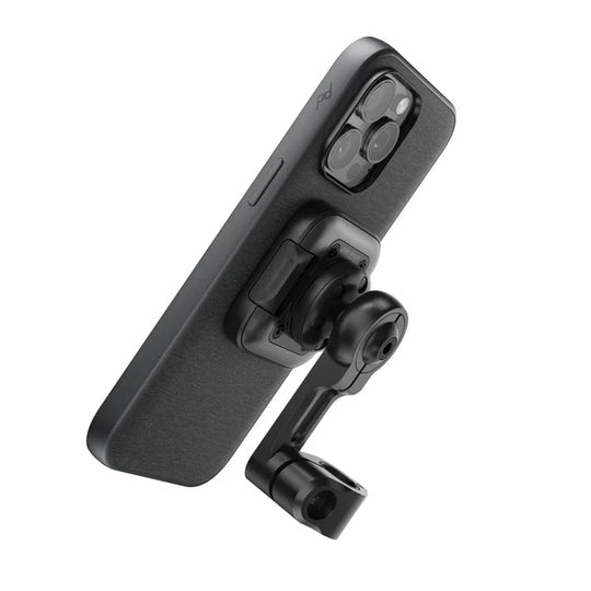 Peak Design motorcycle mirror mount clamp with phone attached, side view