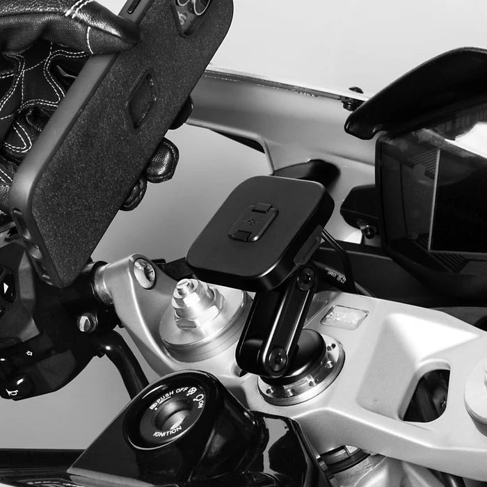 Peak Design motorcycle stem mount with charging head installed on bike