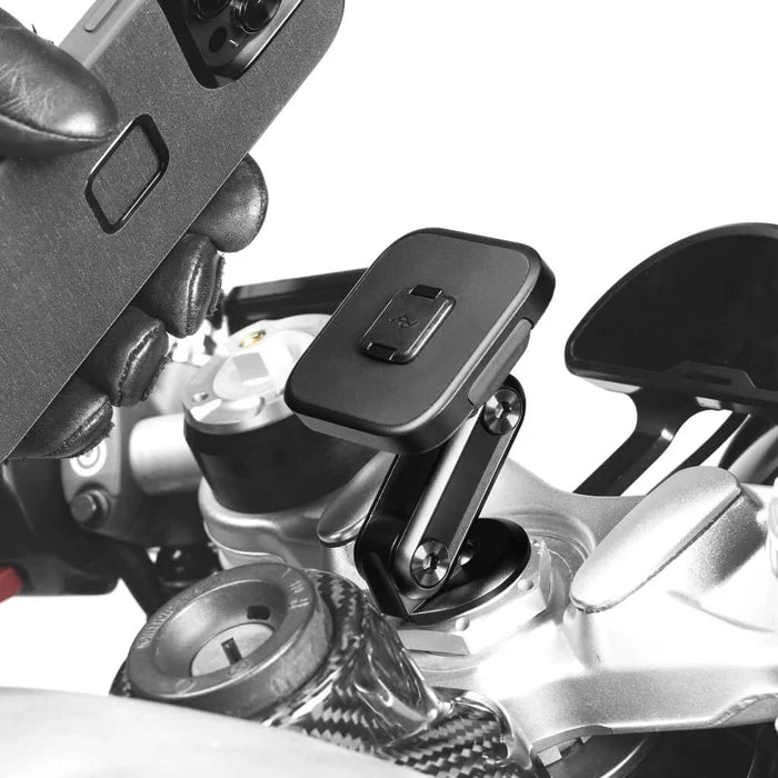 Peak Design motorcycle stem mount non-charging installed on handlebars, side view