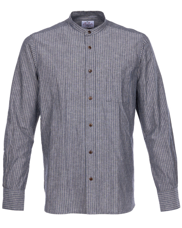Front view of Pike Brothers 1923 Buccanoy Shirt in Brisbane Blue with banded collar on white background