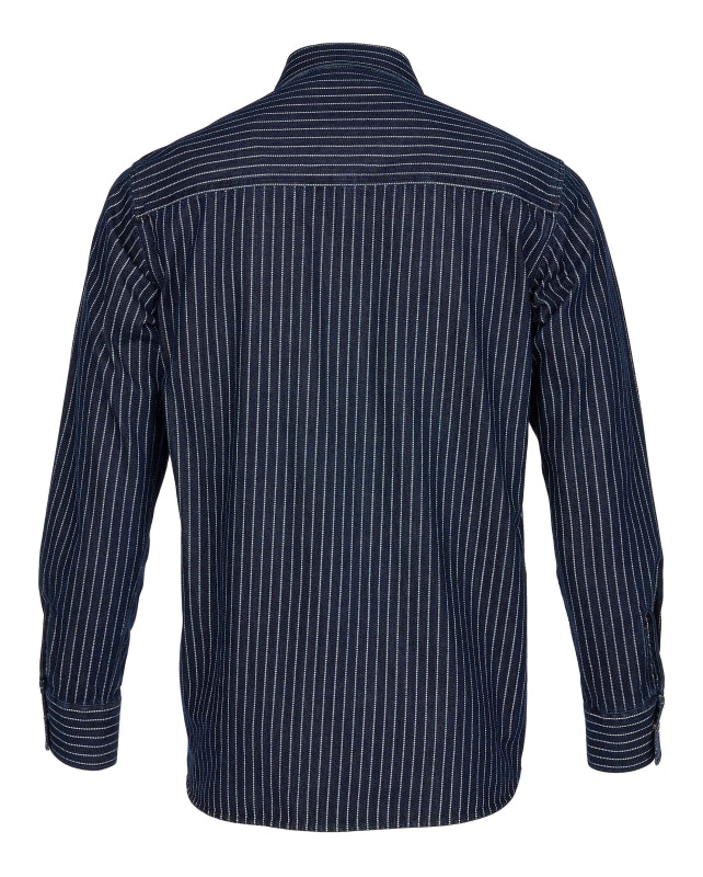 Back view of the Pike Brothers 1937 Roamer Shirt in blue Wabash denim.